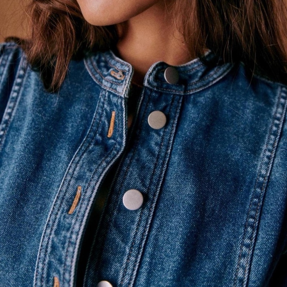 Sezane Denim Button-Front Mini Dress in Deep Blue - Picture 2 of 7